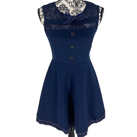 Lulus Blue Sailer Dress Bow 3 Button Fit and Flair Stretch Size Medium Dress - Picture 1 of 11